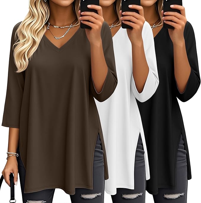 Pack de 3 Camisetas Oversize de Manga 3/4 – Tops Holgados con Cuello en V para Mujer