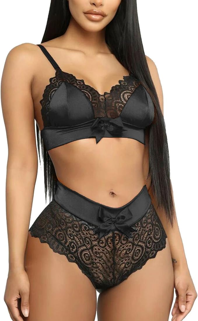 Conjunto de Lencería de Satén y Encaje Sexy | Sujetador en V y Braguita Alta